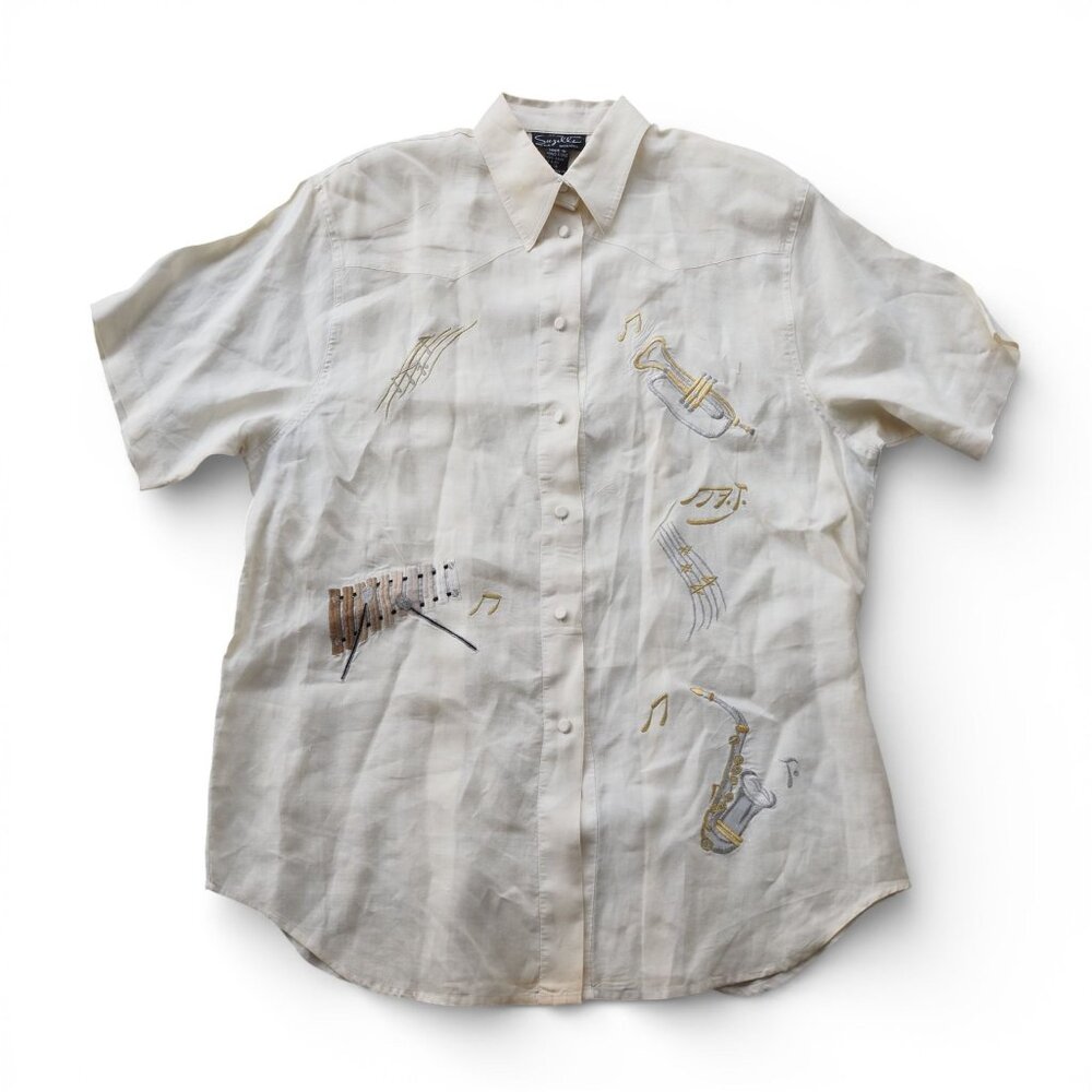 Suzelle VTG Music Embroidered Button Up Shirt Women's 14 Cream‎ / Gold